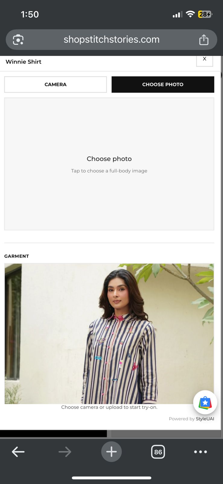 StyleUAI website try-on widget running on a phone product page